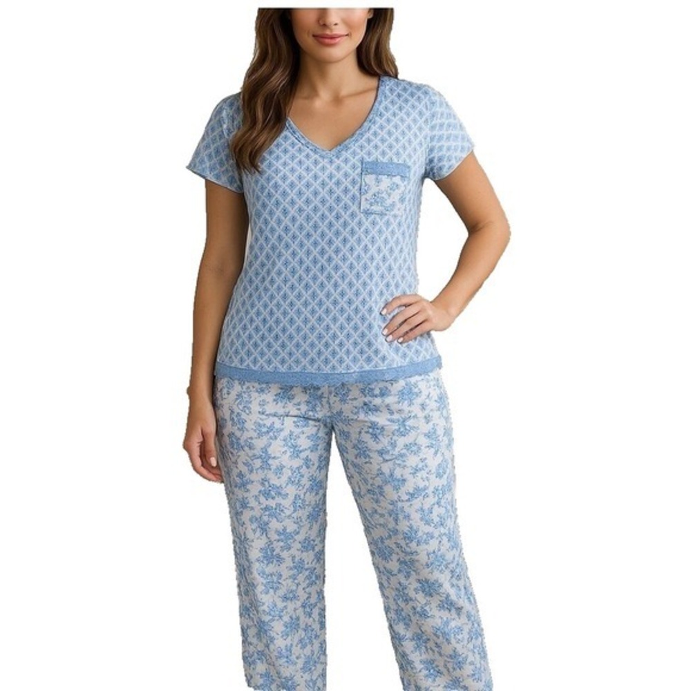 Body Touch‎ Pajama Set Sleepwear Lounge Blue Floral Print Top & Pants L Nwot
